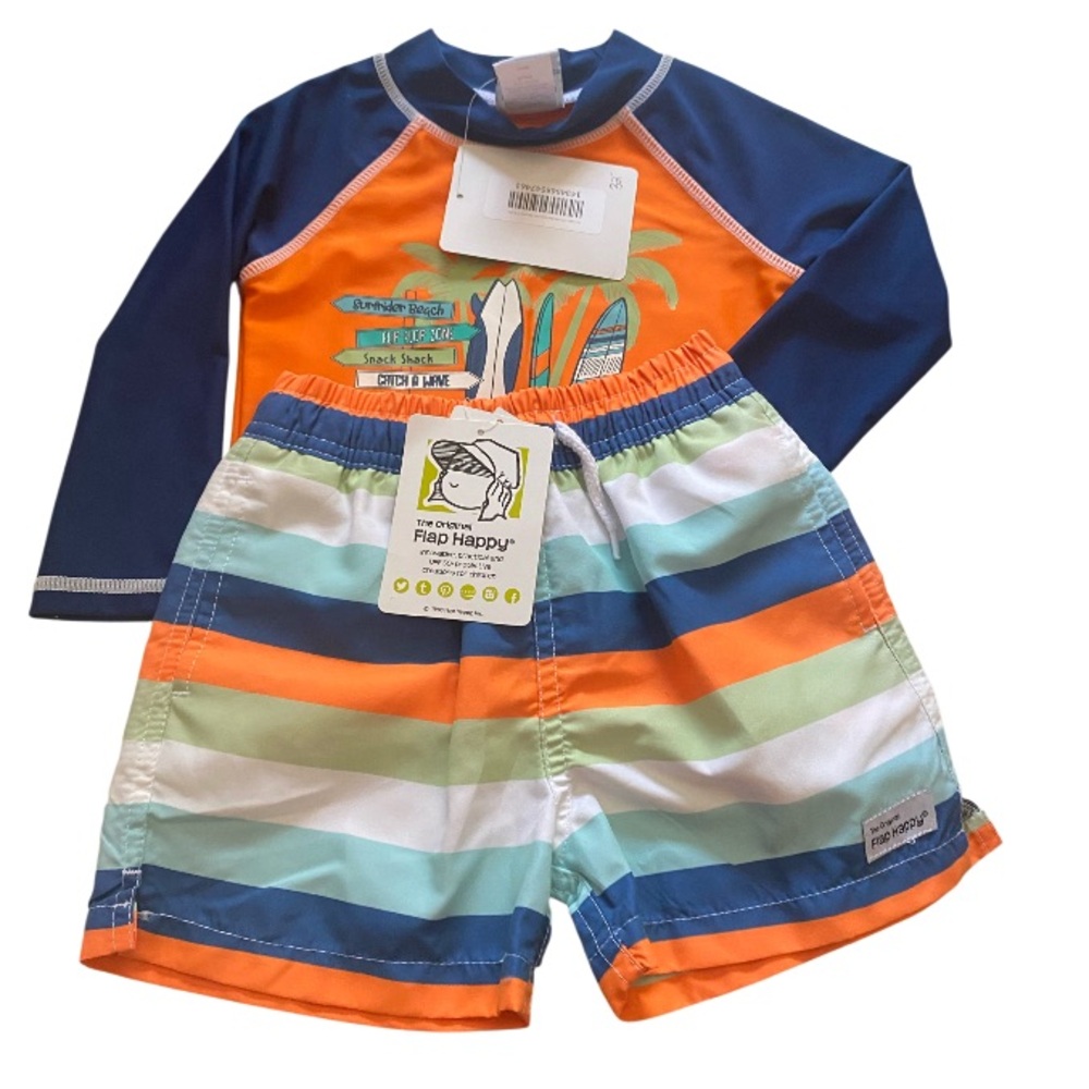 Flap Happy Striped Swim Trunks NWT & Flap Happy Surfboard RashGuard NWT 24 mths